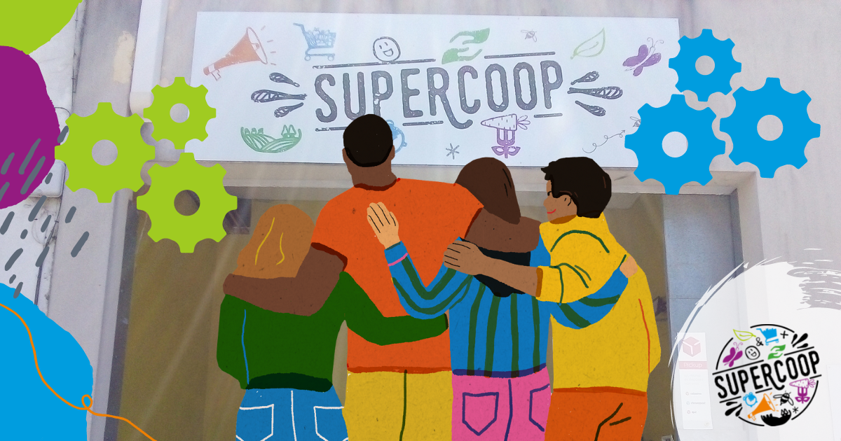 L'enseigne de Supercoop, des personnes bras dessus bras dessous devant, logo Supercoop